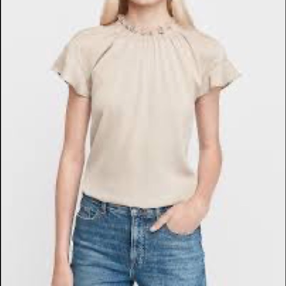 Express Jacquard Ruffle Mock Neck Top in Cream